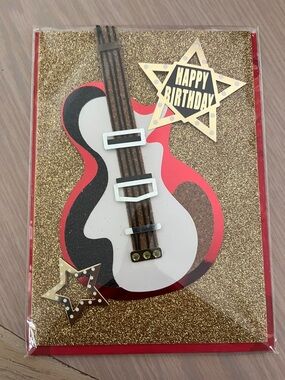 Gold & Red Guitar Birthday Card with Star Accent